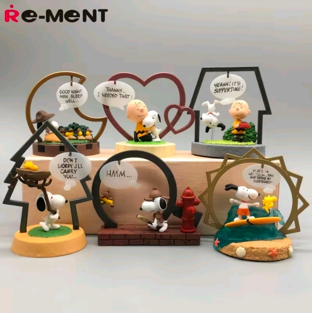 Re-Ment Peanuts Snoopy frame art collection figures displayed on individual bases