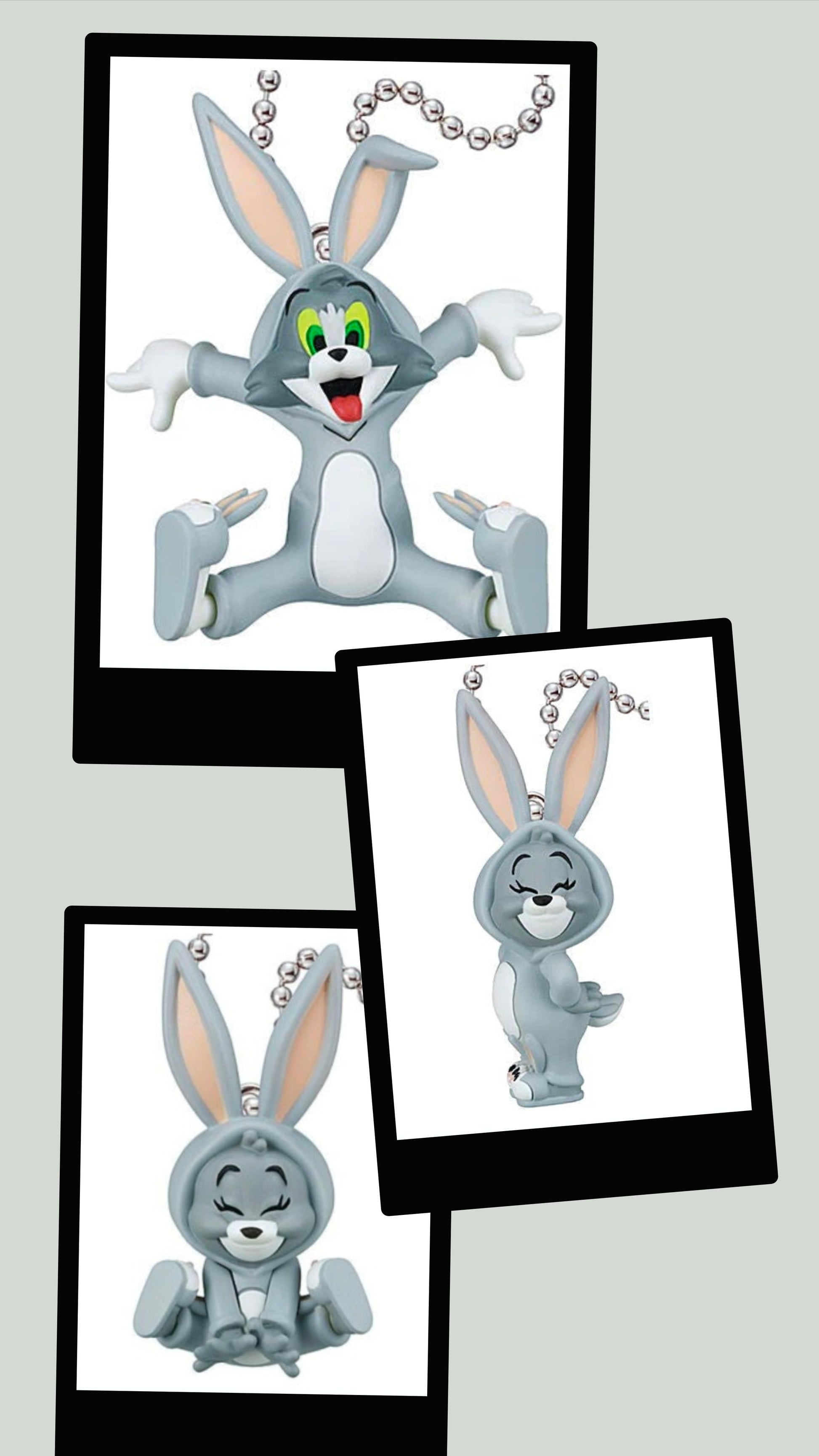 Rabbit keychain figure set with silver pearl bead necklaces, three angles shown