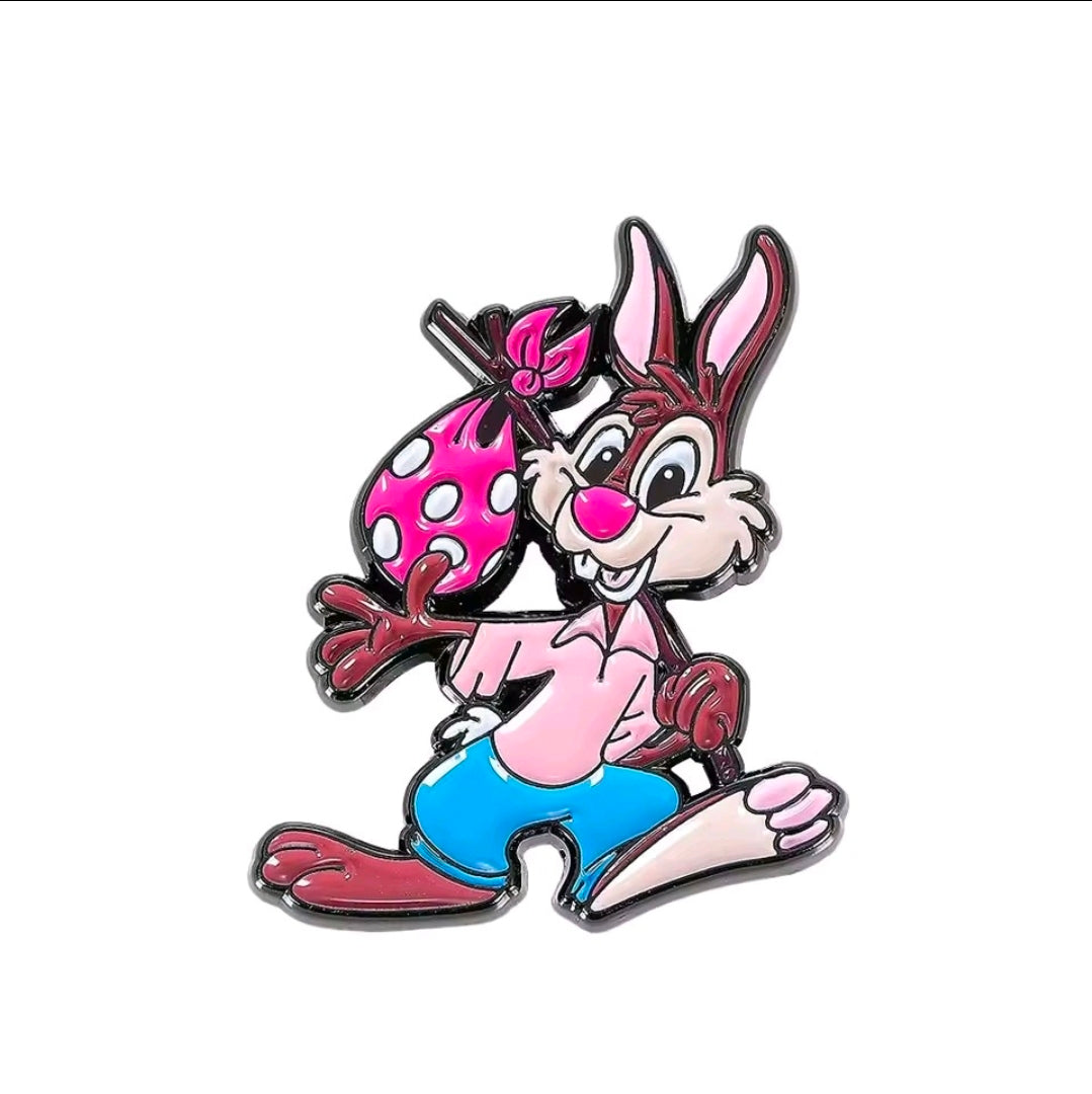 Enamel lapel pin featuring Br’er Rabbit in pink bow and teal shorts