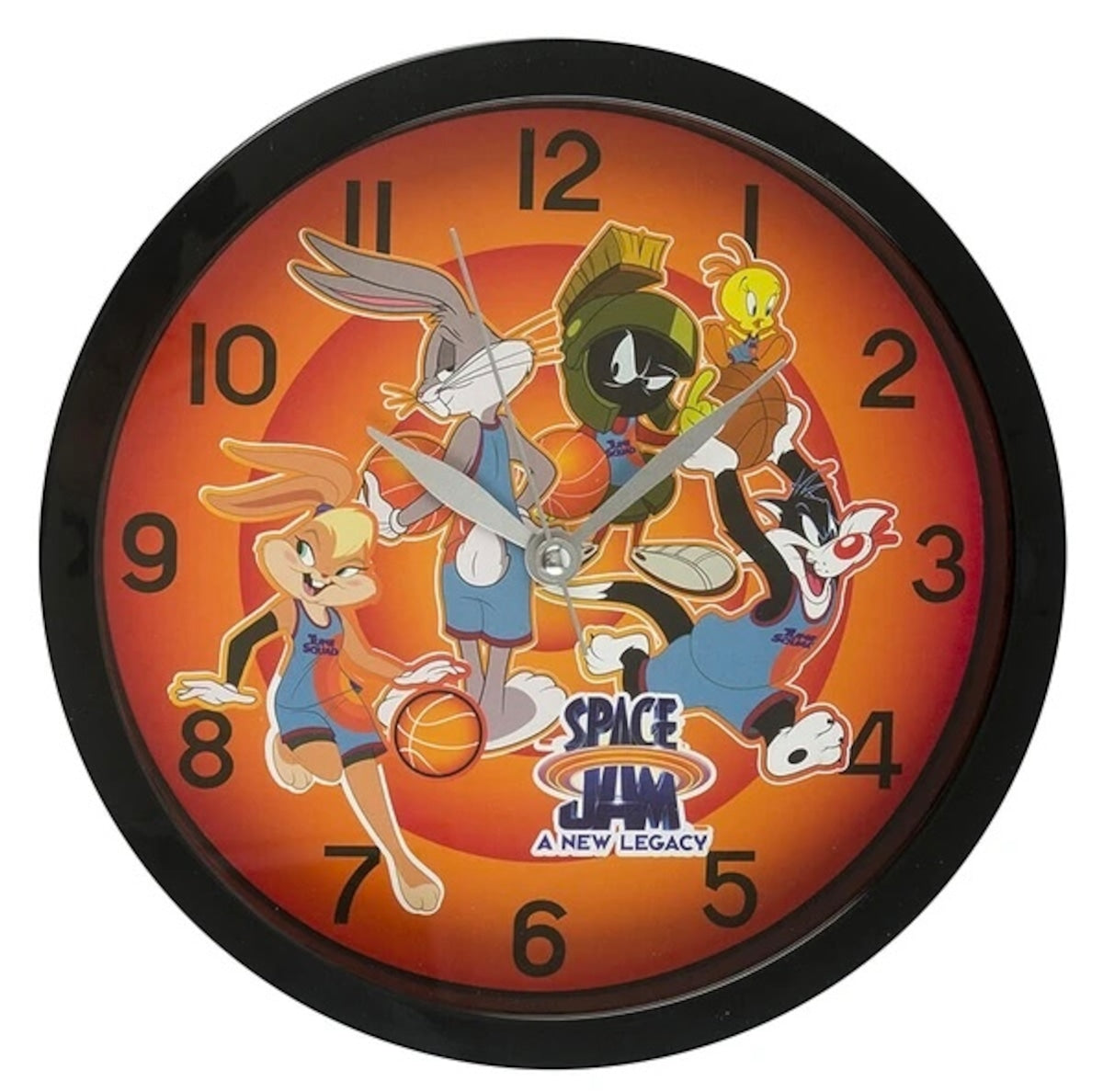 Round analog wall clock with orange face and Space Jam character team graphics