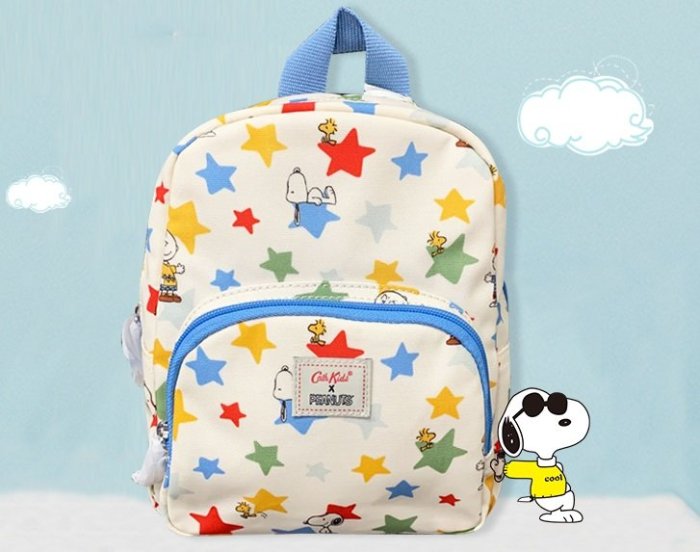 Kids mini backpack with Snoopy and colorful stars, front zip pocket and top handle