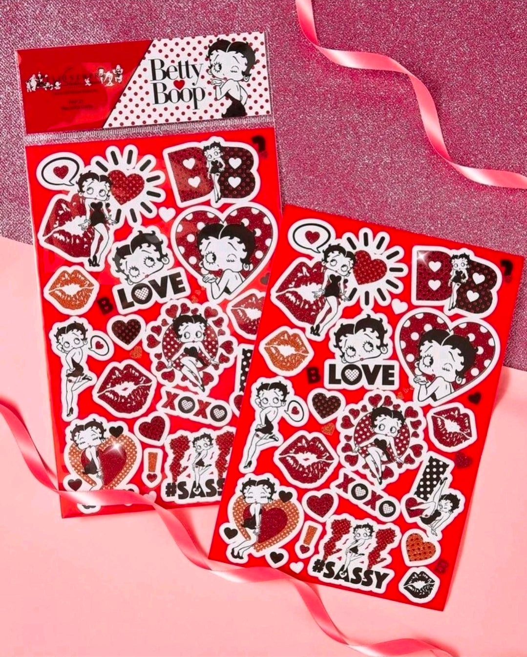 Heart-themed sticker sheet set with red-and-white Betty Boop-style love icons