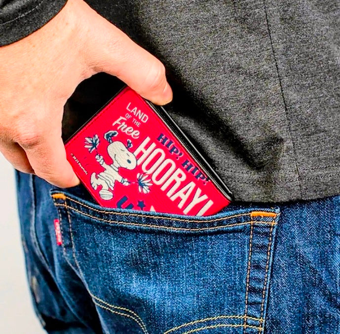 Red wallet card insert with Hooray! USA graphic.