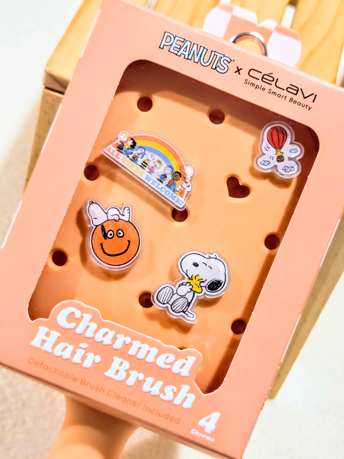 Orange Peanuts x Celavi charmed hair brush with four acrylic charms in display box