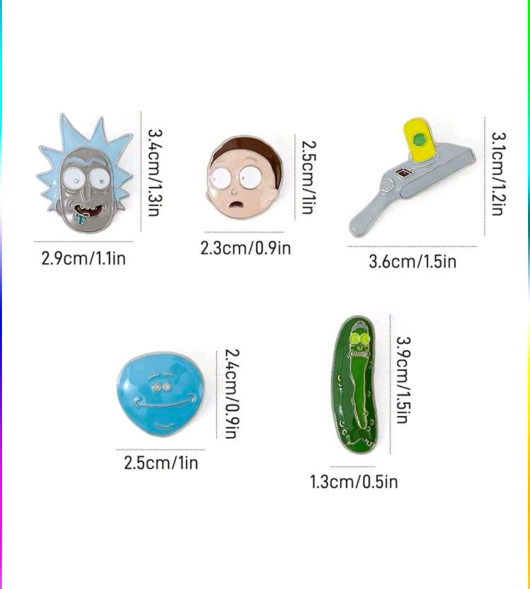 Five enamel character pins with size labels: Rick head, portal gun, pickle, faces, blue portal