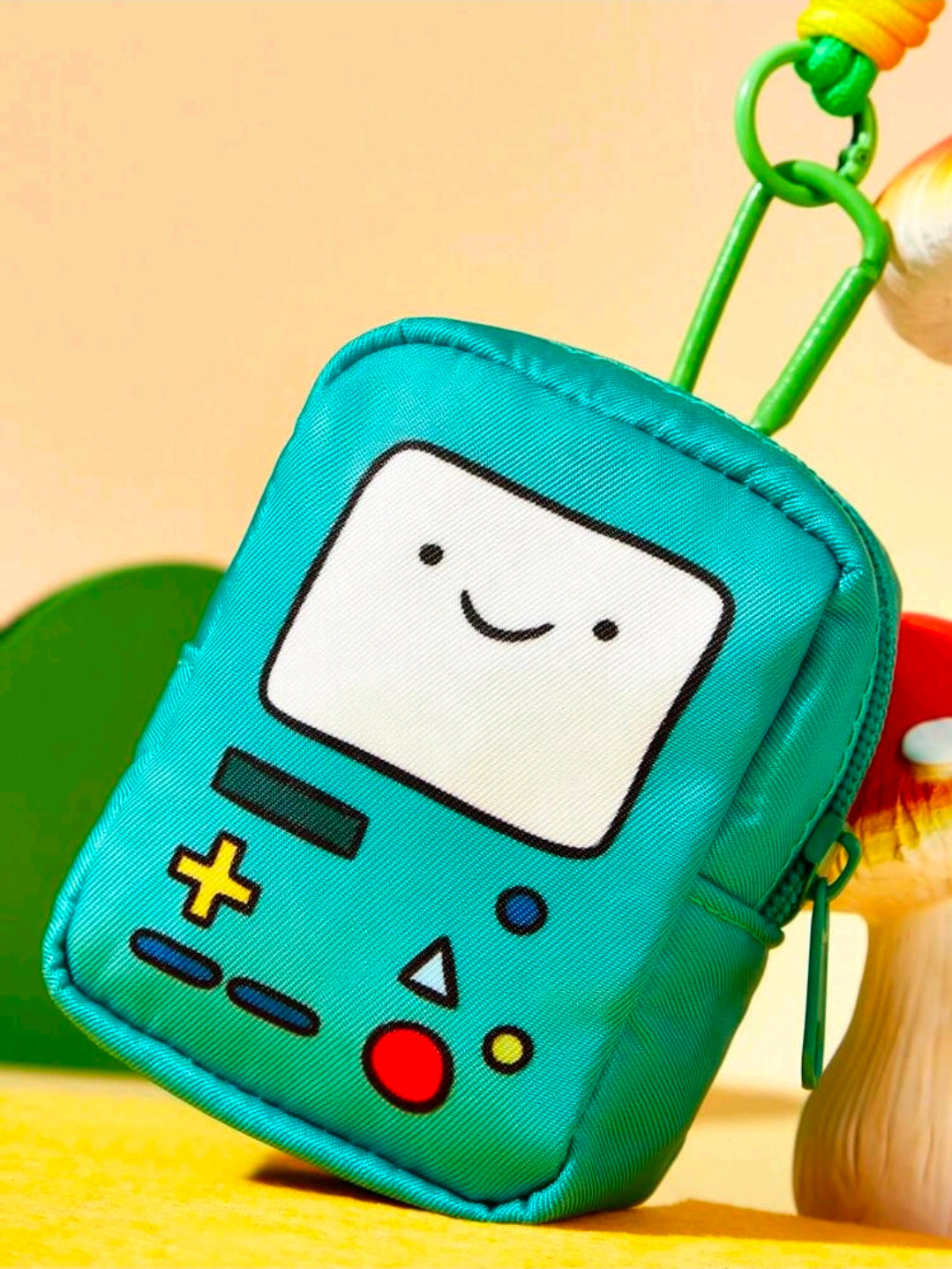 Teal mini robot pouch with zipper and embroidered face and control buttons