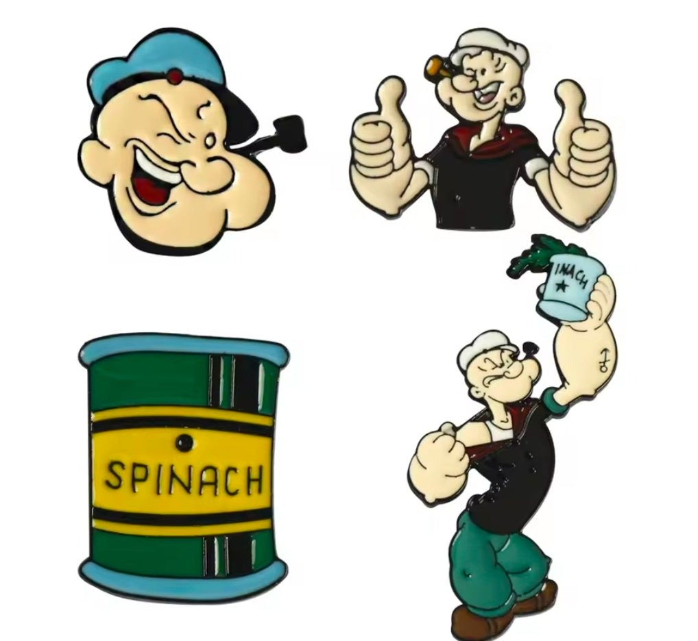 Four-piece Popeye enamel lapel pin set with character faces, figure, and spinach can