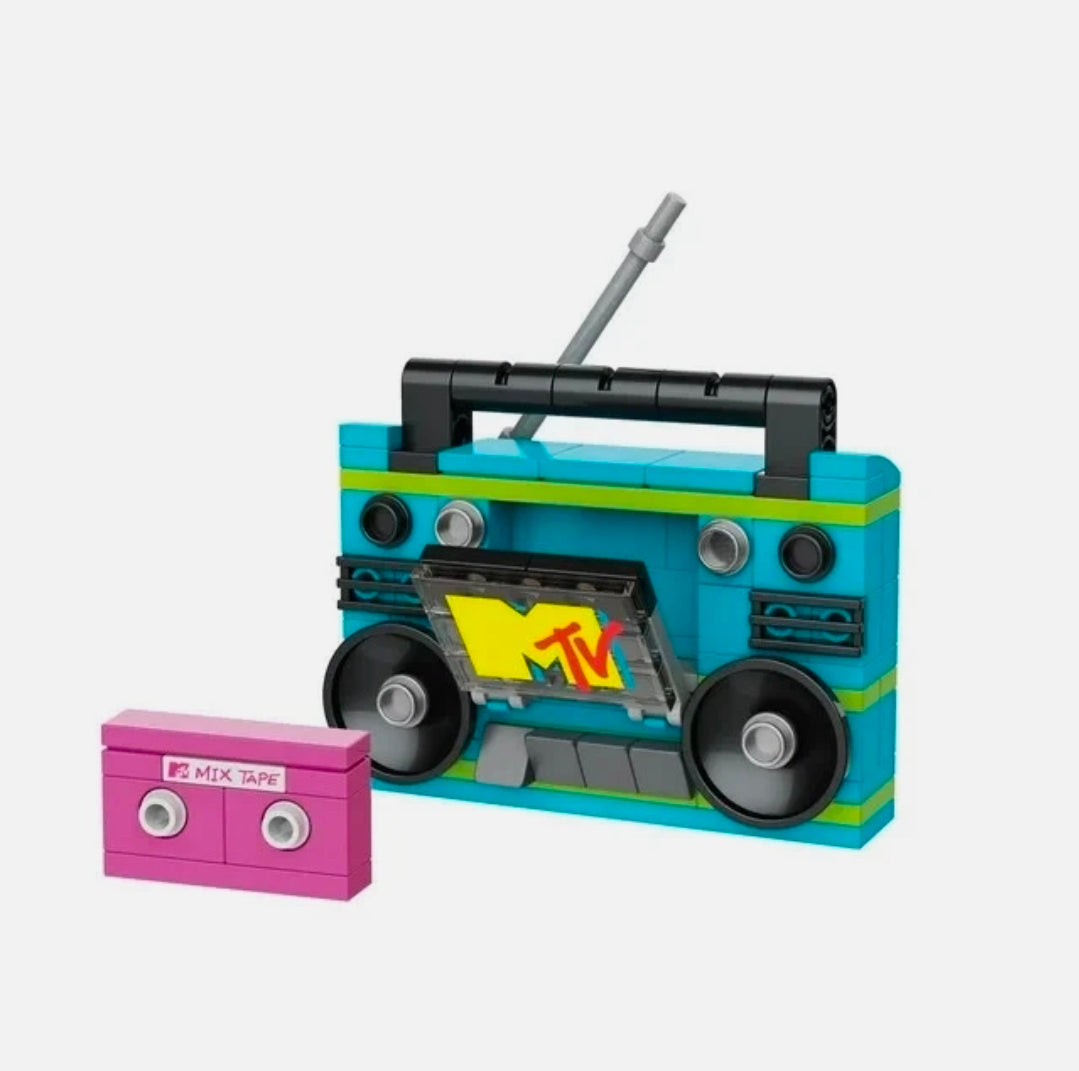 Turquoise MTV boombox brick model with pink mixtape brick accessory and gray antenna