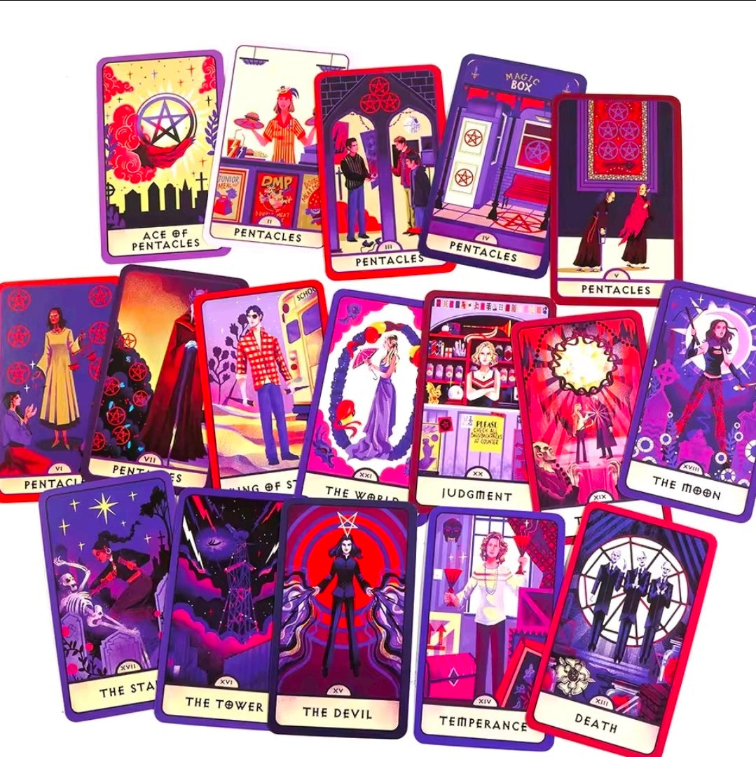 Buffy-themed tarot cards fanned, including Ace of Pentacles and Judgment