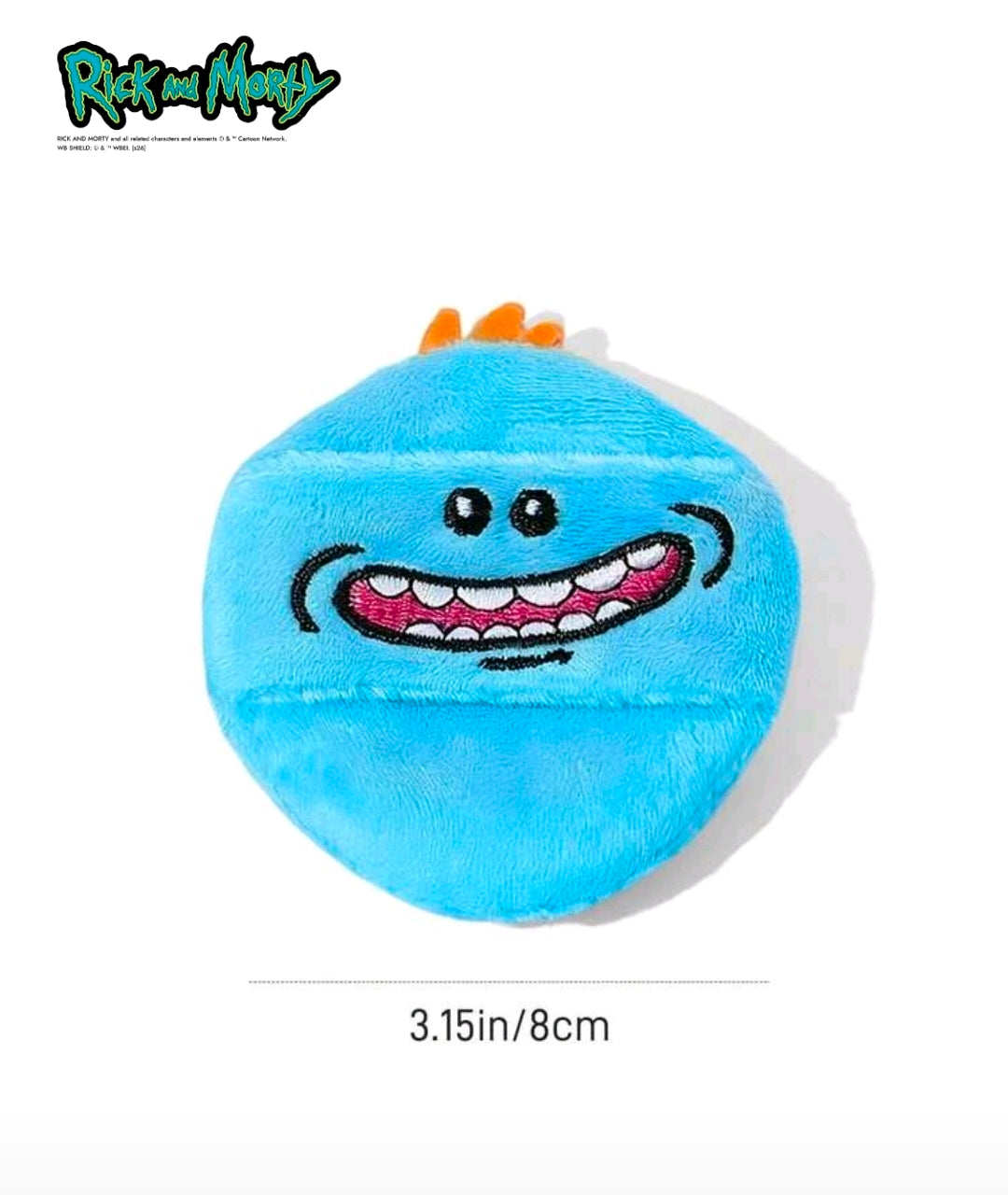 Round plush blue character powder puff with stitched cartoon face, orange details on top.