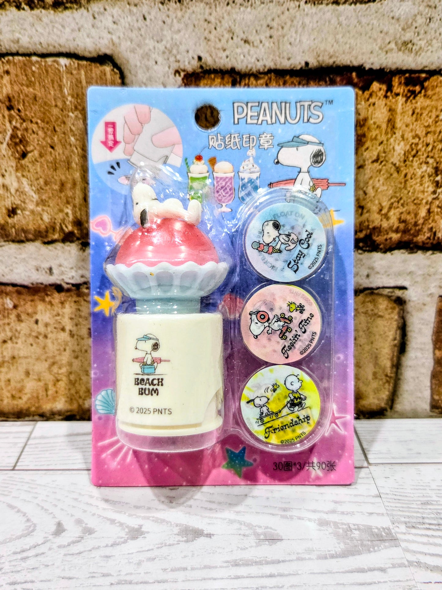 Beach Bum sticker stamp roller set blister pack with Snoopy round stickers and stamp