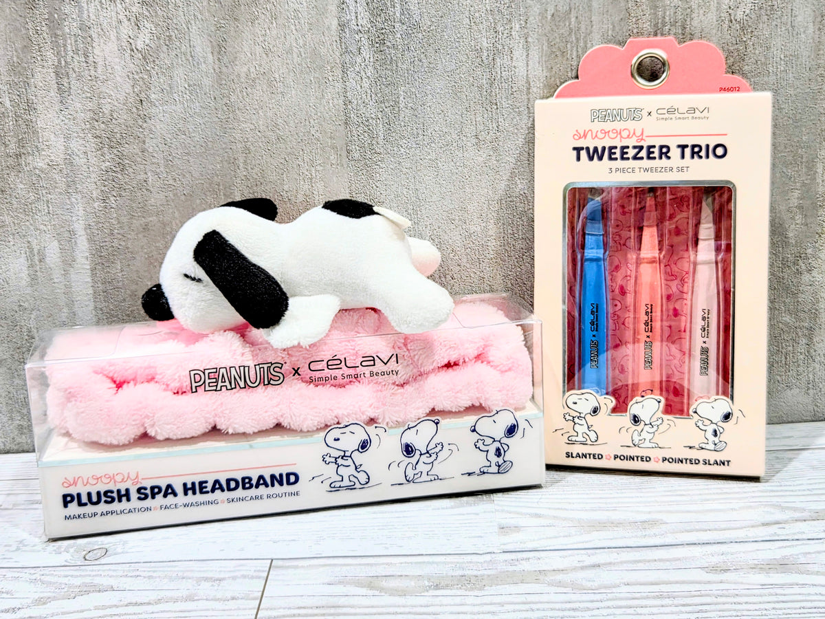 Spa bundle with plush Snoopy spa headband and three-pack tweezers in pink blister