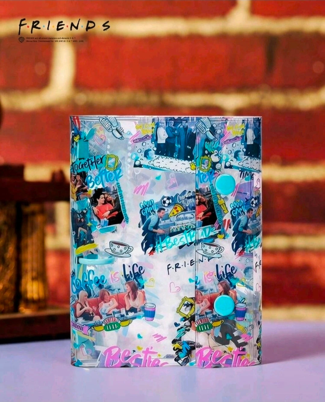 Front view of 6-ring sticker binder planner with blue character collage cover