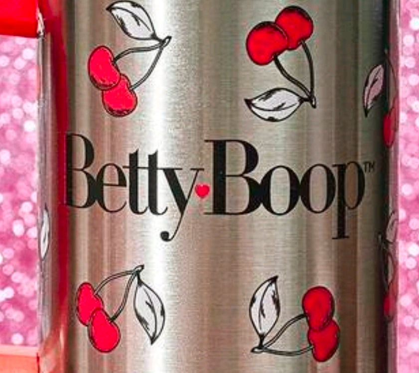 Stainless steel tumbler with Betty Boop logo and red heart/cherry print.