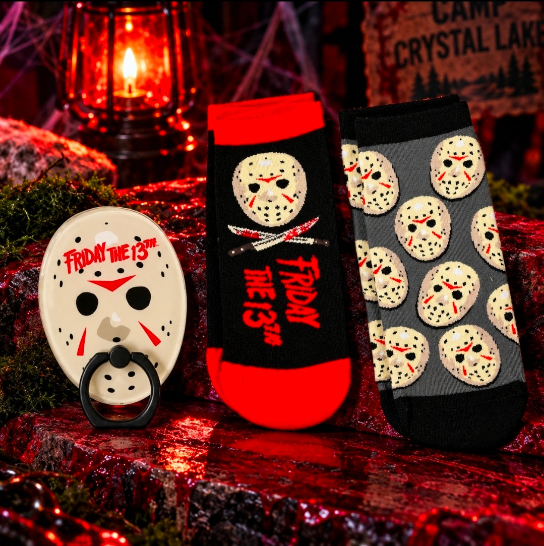 Phone grip and ankle socks set with Friday the 13th skull-face designs