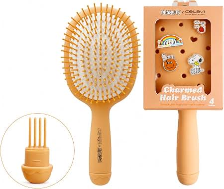 Peach paddle hair brush with rounded head and pin cushion, shown with charm box