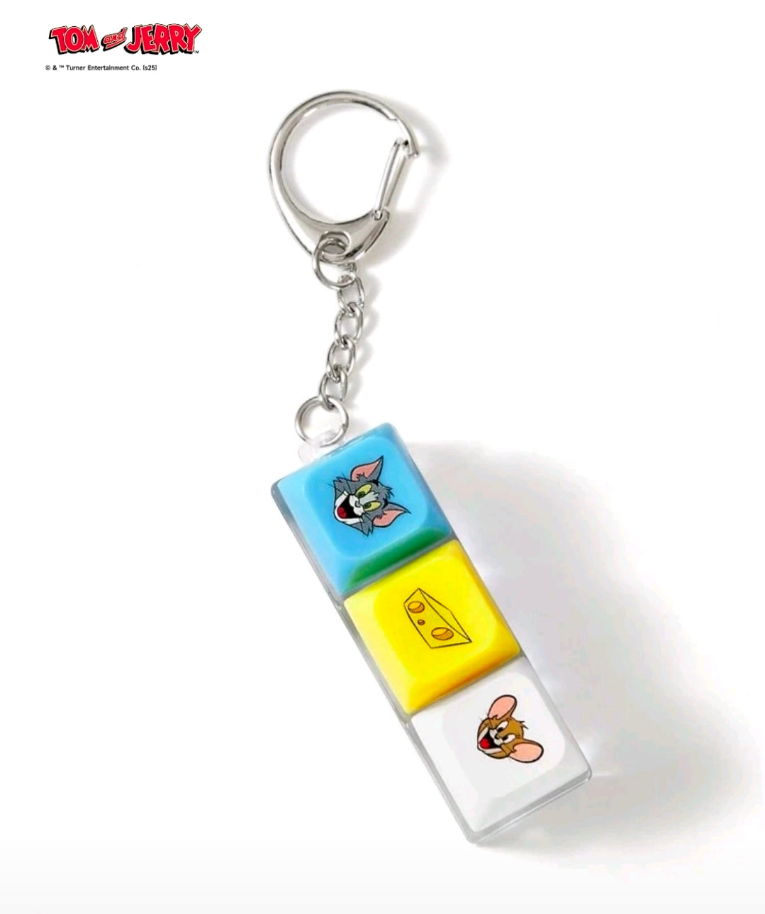Tom & Jerry clicker fidget keychain with blue, yellow, and white blocks