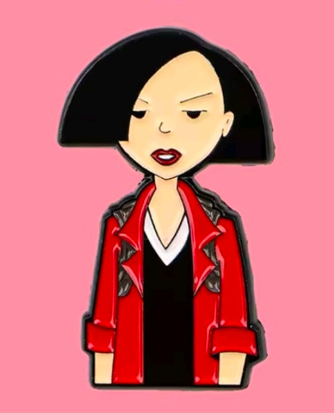 Enamel character pin of Jane with black bob hair in a red jacket.