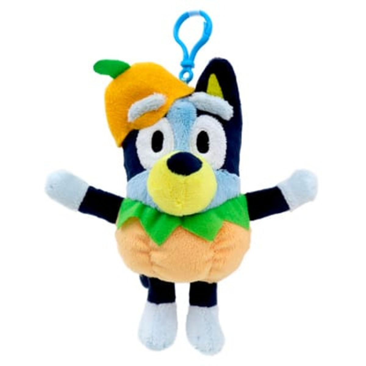 Blue Halloween plush keychain wearing orange witch hat and green collar, key ring on top