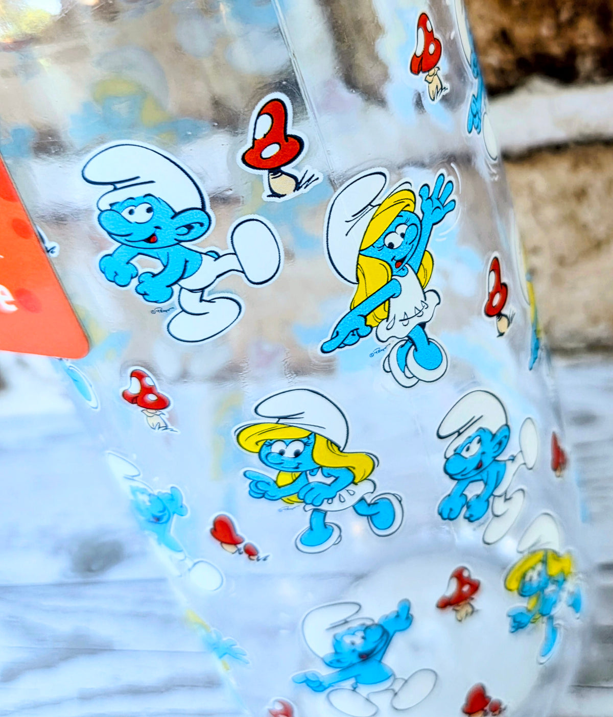 Clear water bottle with blue cartoon character pattern and small red fish designs