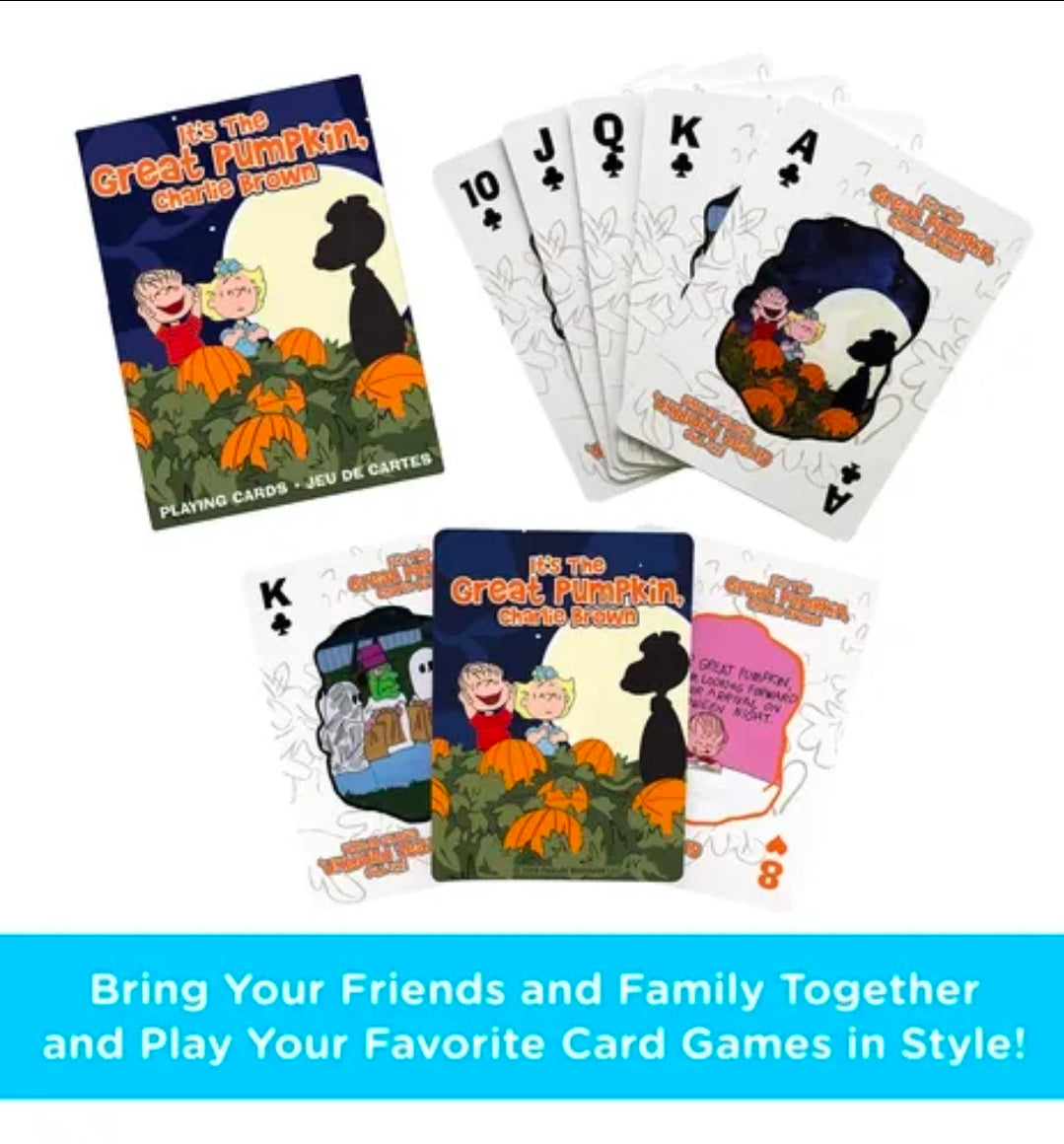 Playing card deck and several face cards with Great Pumpkin Charlie Brown theme