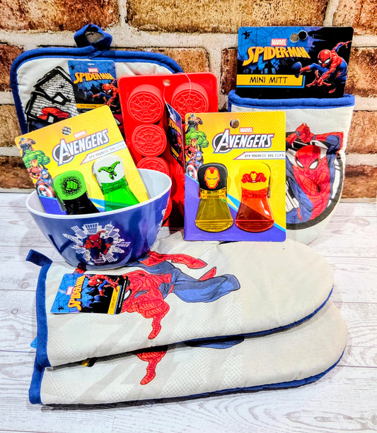 Kitchen bundle set with Spider-Man mini mitts, Avengers packages, red molds, and blue bowl