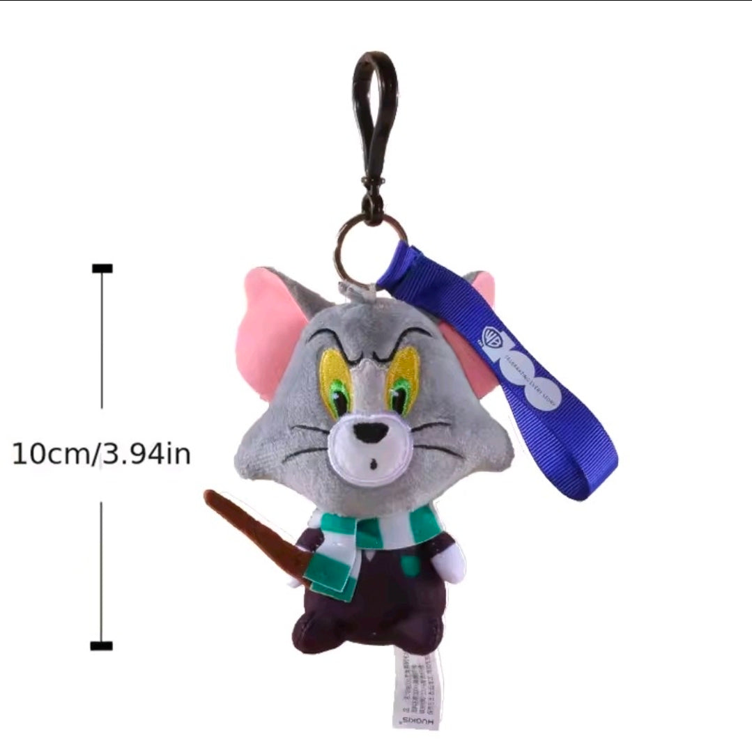 Grey wizard cat plush keychain with green eyes, blue strap, and brown wand, approx 10cm