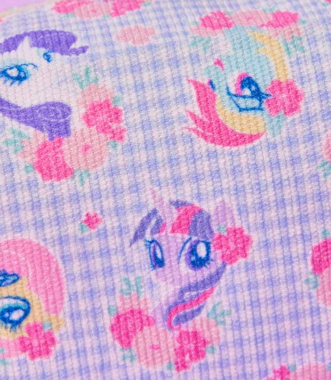 Textured light-blue gingham pouch fabric with My Little Pony face prints