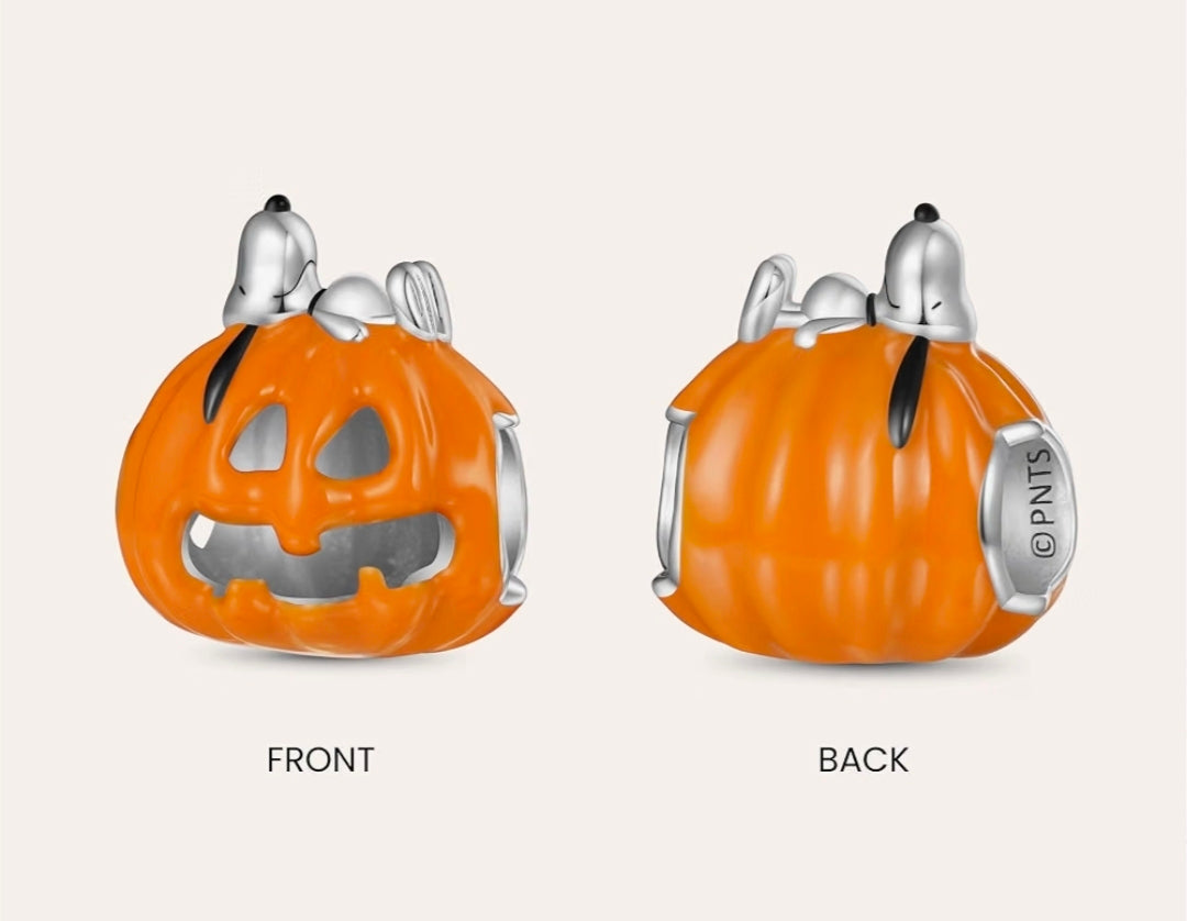 Front and back view of silver S925 charm: orange jack-o'-lantern enamel with dog figure