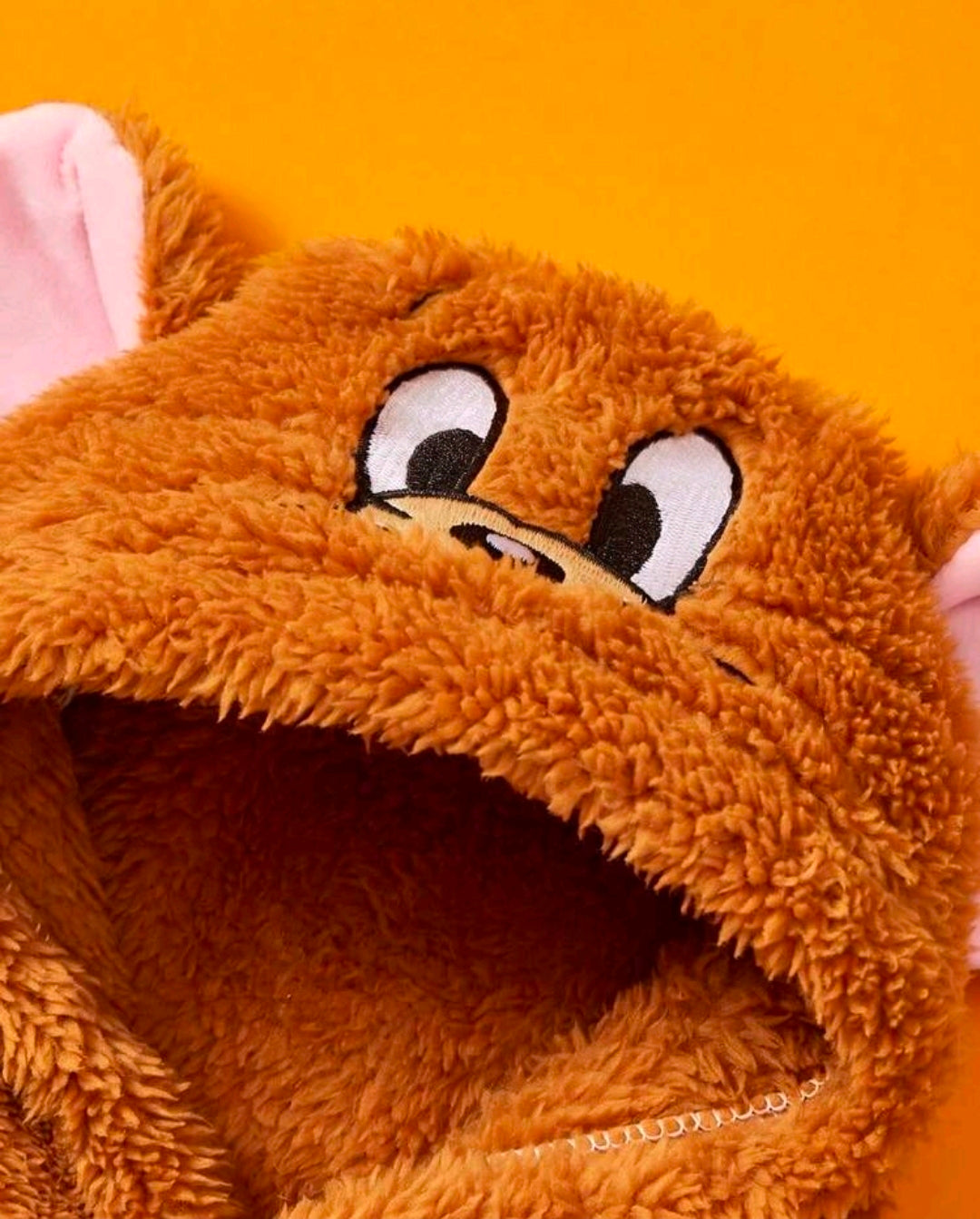 Orange-brown plush mouse hood with cartoon face and pink-lined ears, dog hoodie front