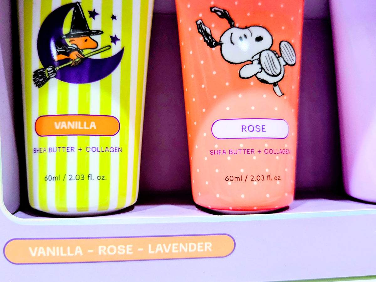 Halloween hand cream tubes with Vanilla and Rose labels inside a three-pack tray