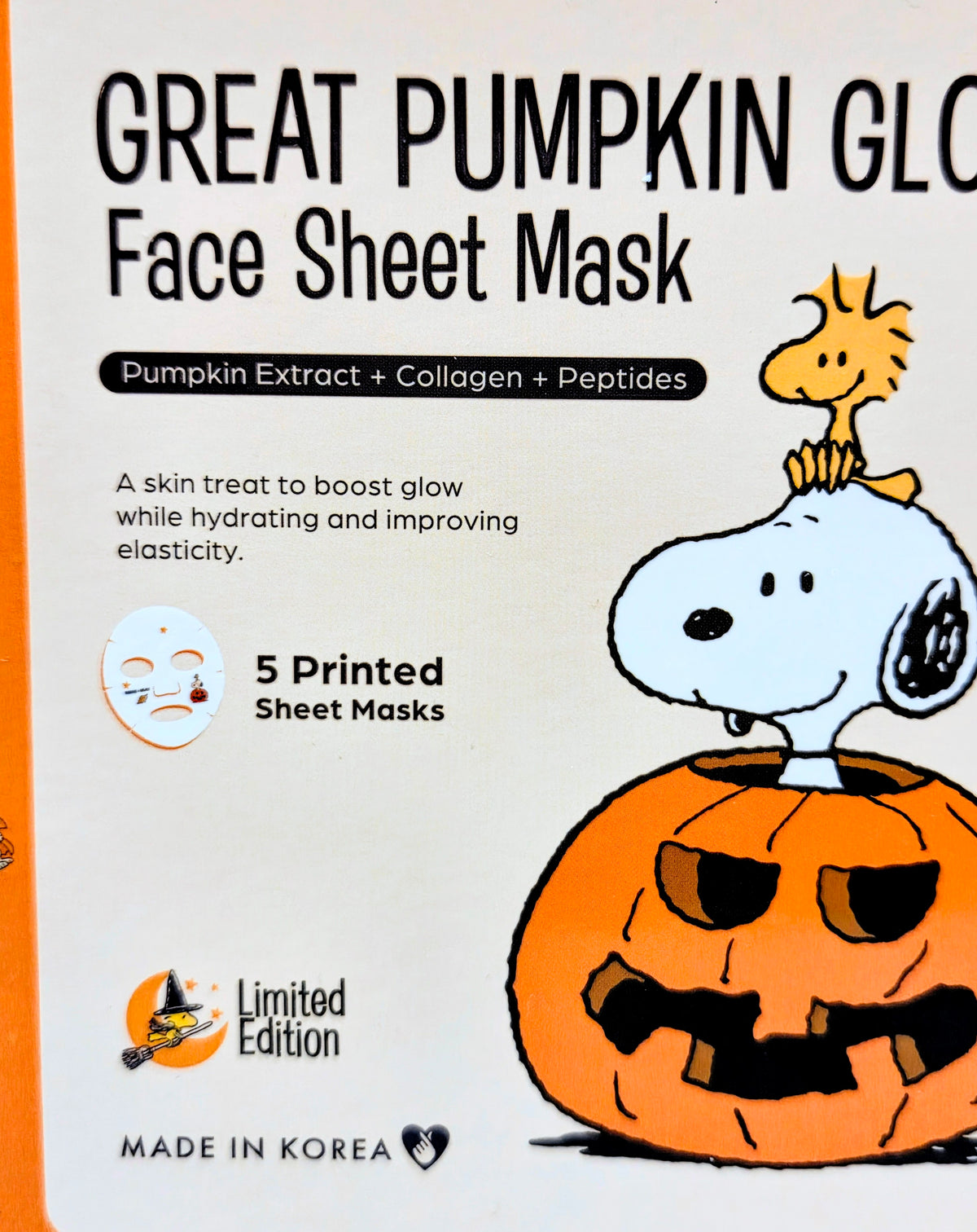 Great Pumpkin Glow face sheet mask label with pumpkin extract, collagen, peptides text