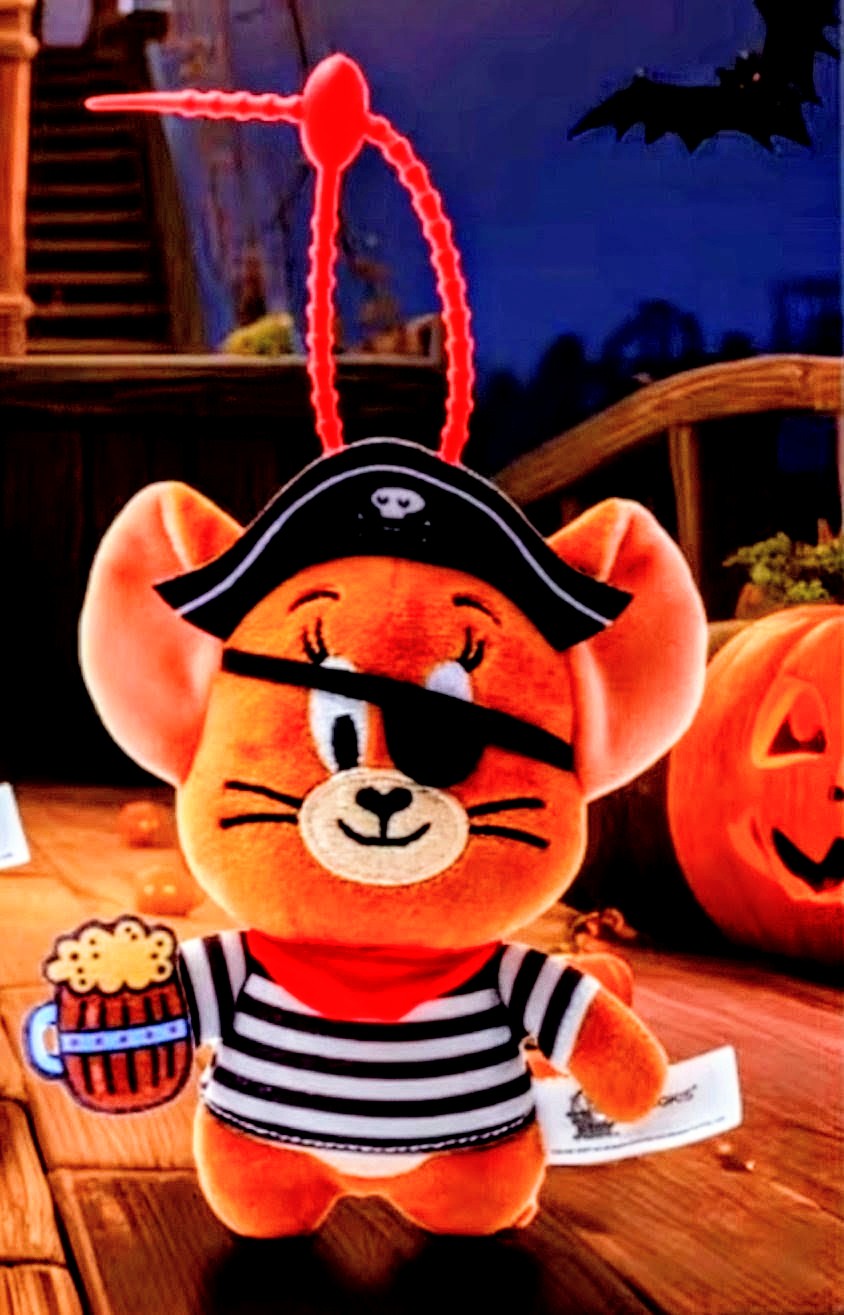 Pirate plush keychain, orange cat with black hat and red-striped sailor shirt