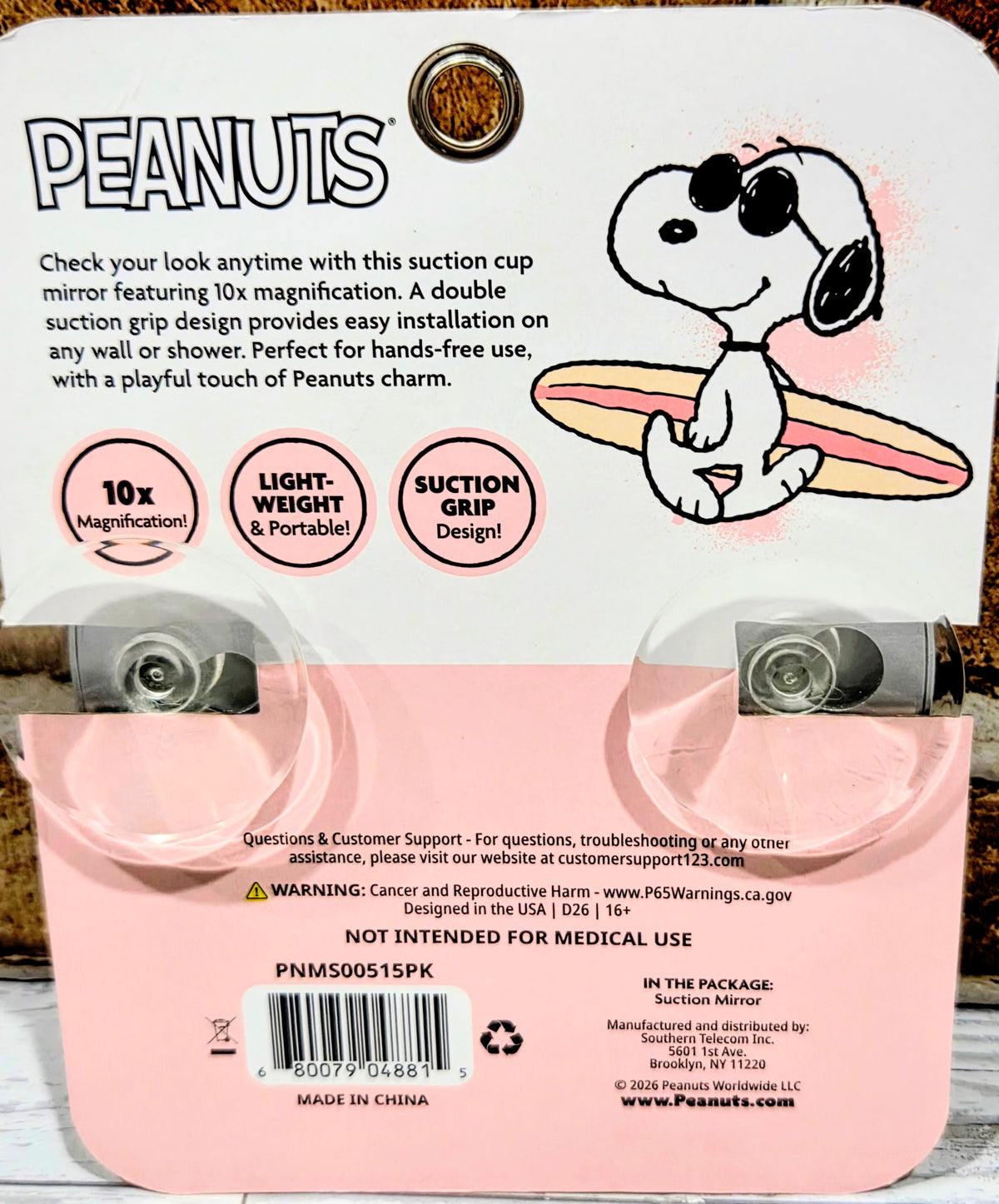 Snoopy 10x magnifying compact mirror package back with suction grip