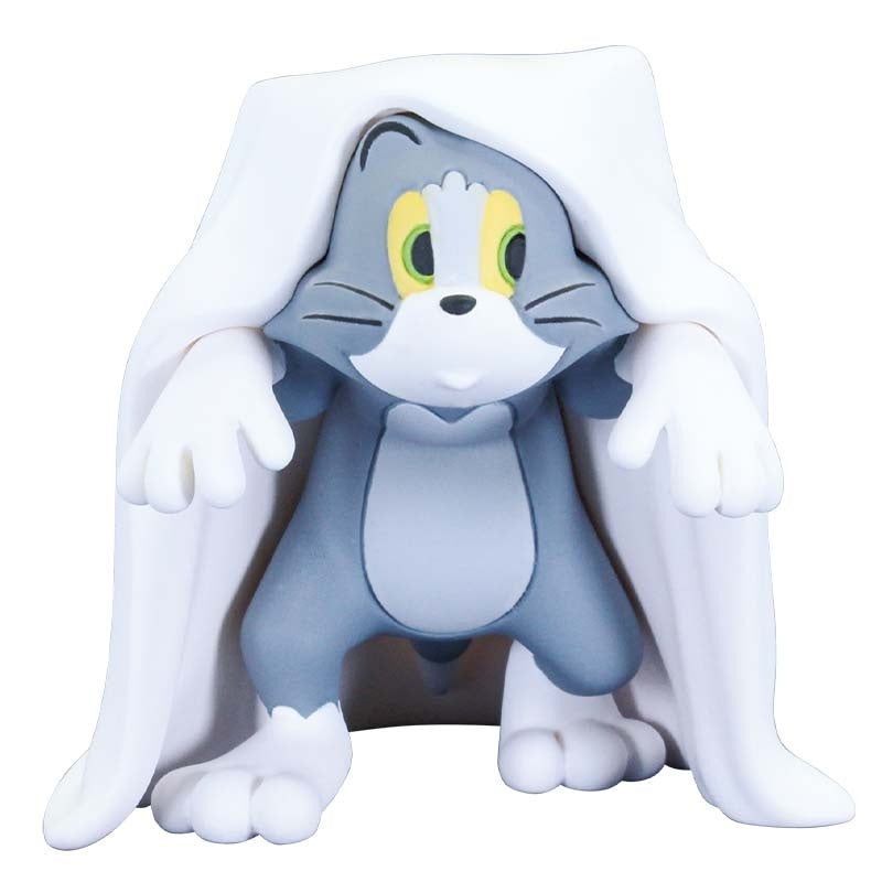 Ghost-sheet cat figure in blue suit with neon-green eyes and white arms