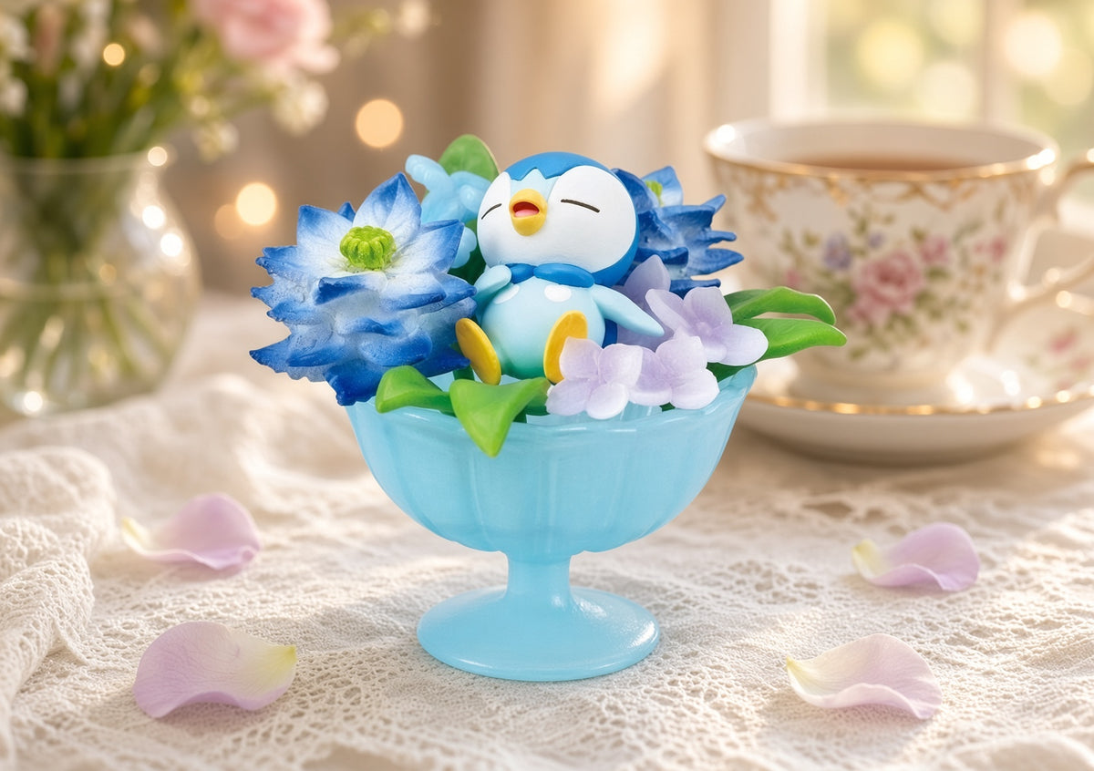 Light blue coupe mini figure with blue penguin and blue flower bouquet