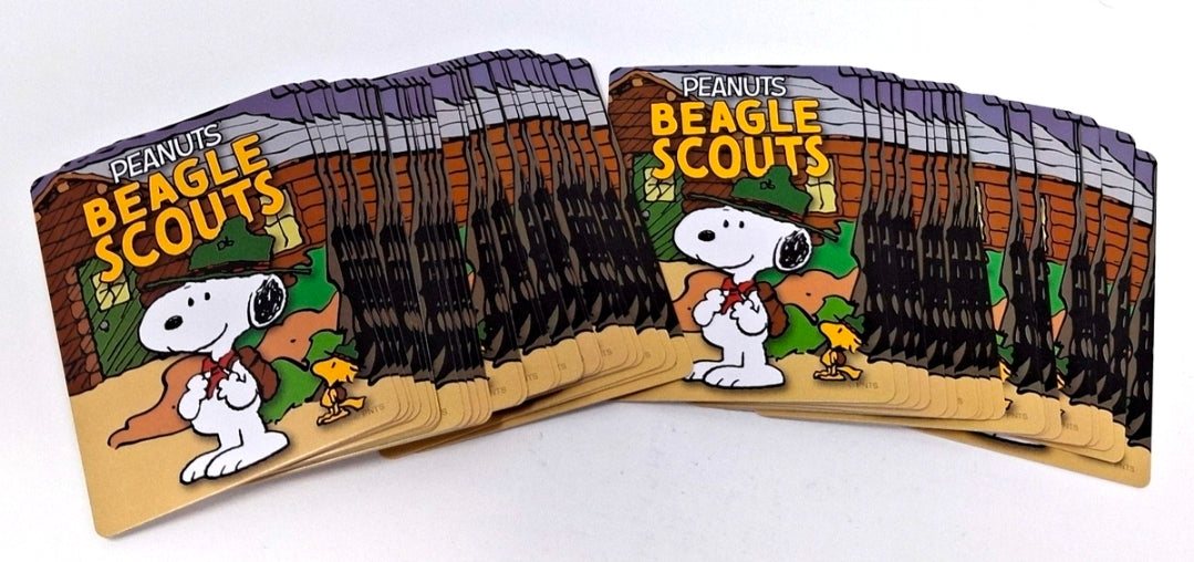 Beagle Scouts playing cards deck with Snoopy and Woodstock scenes on side panels