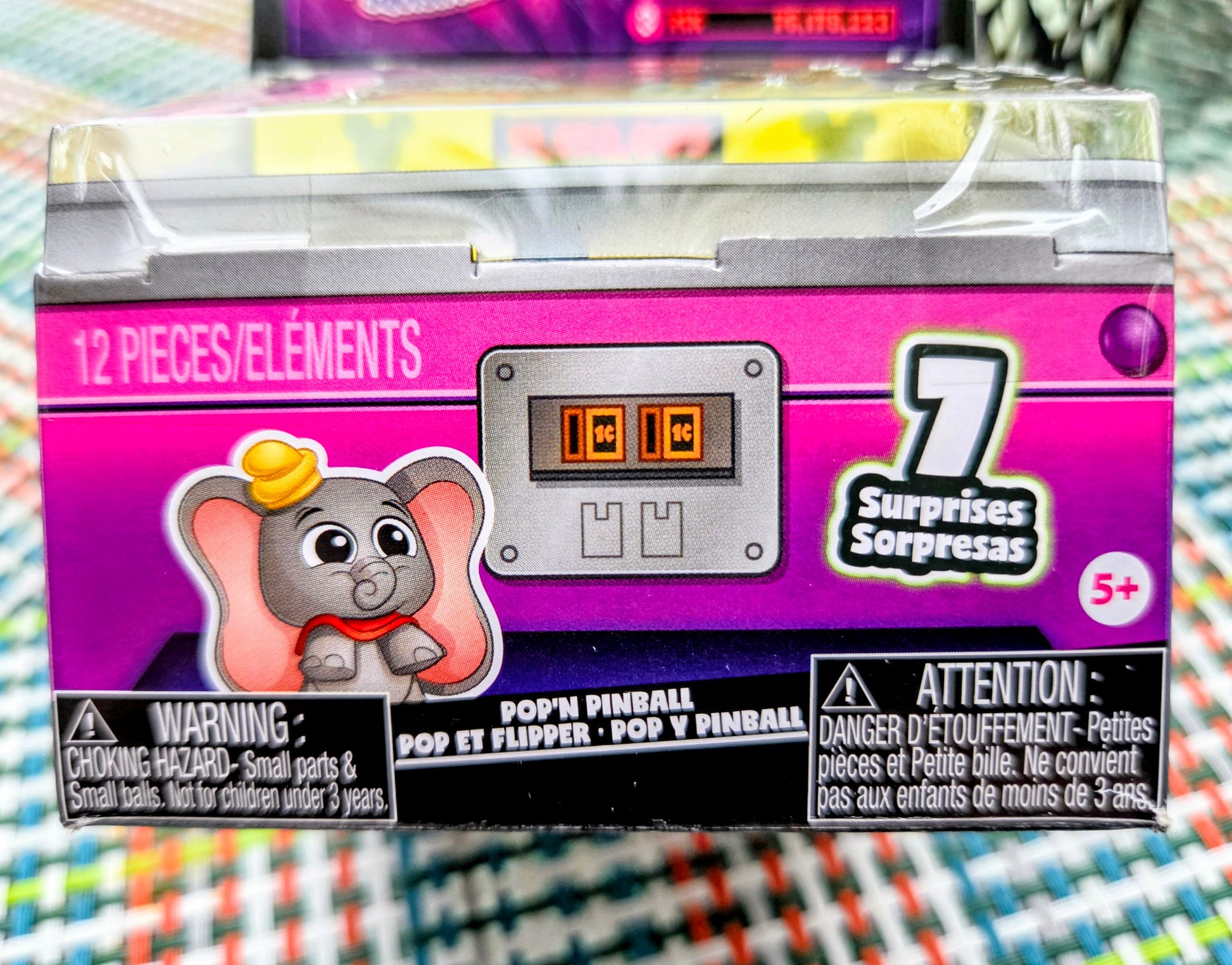 Pop N' Pinball boxed set with electronic display and warning labels, neon purple panel