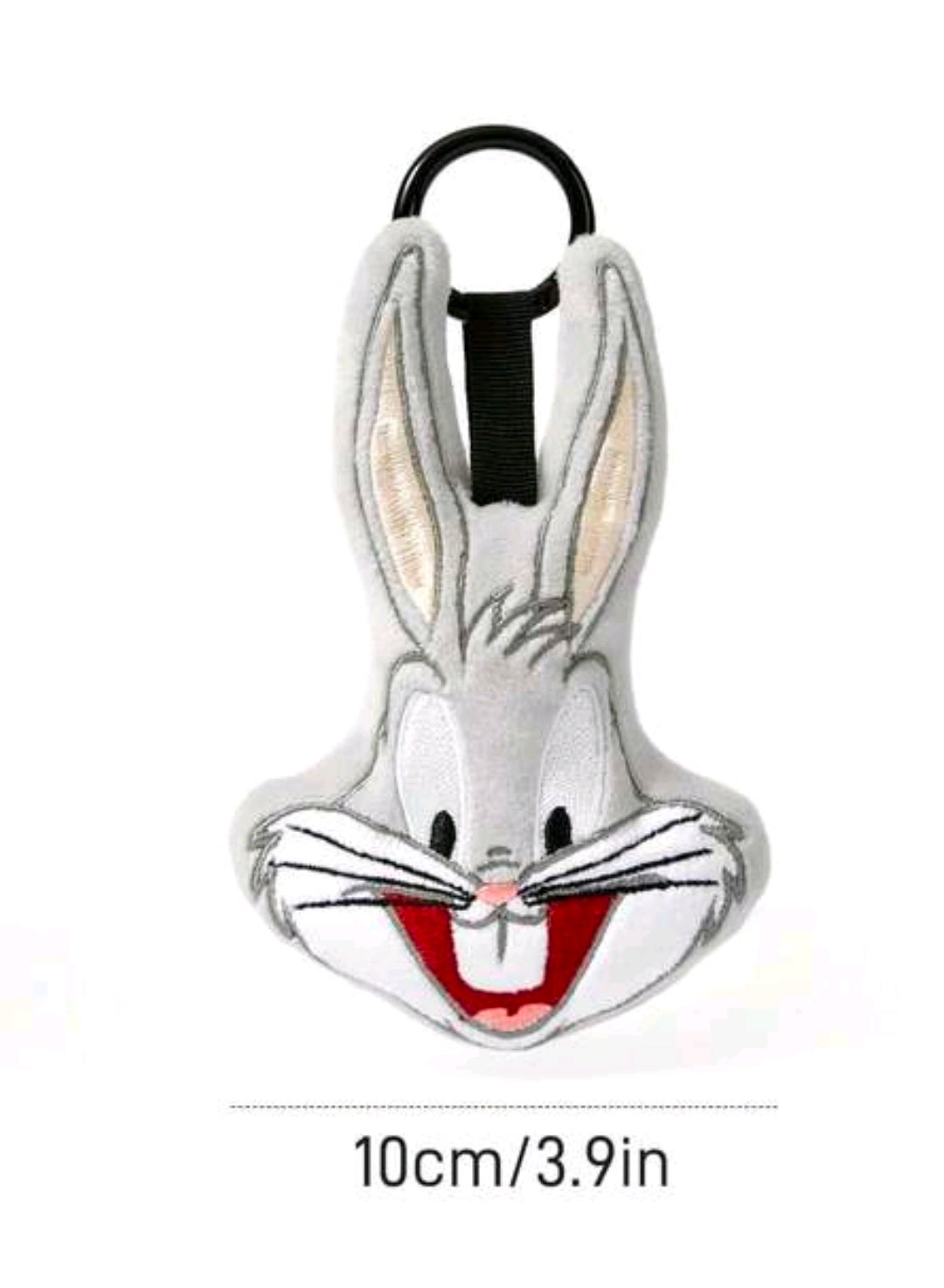 Gray plush rabbit face keychain charm with black loop, red grin and long ears