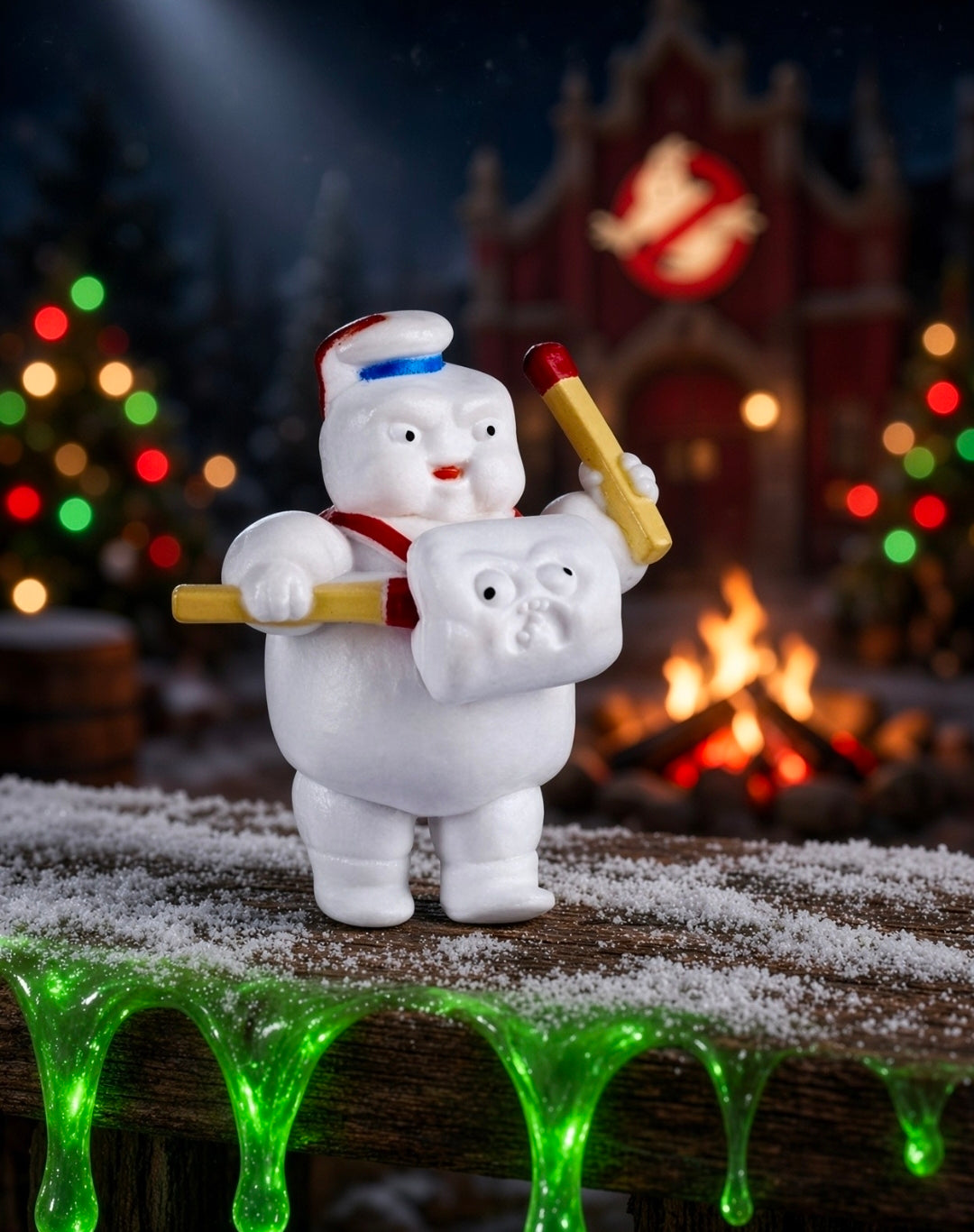 White Mini-Puft ghost figure holding a yellow matchstick, with snowy base and flames