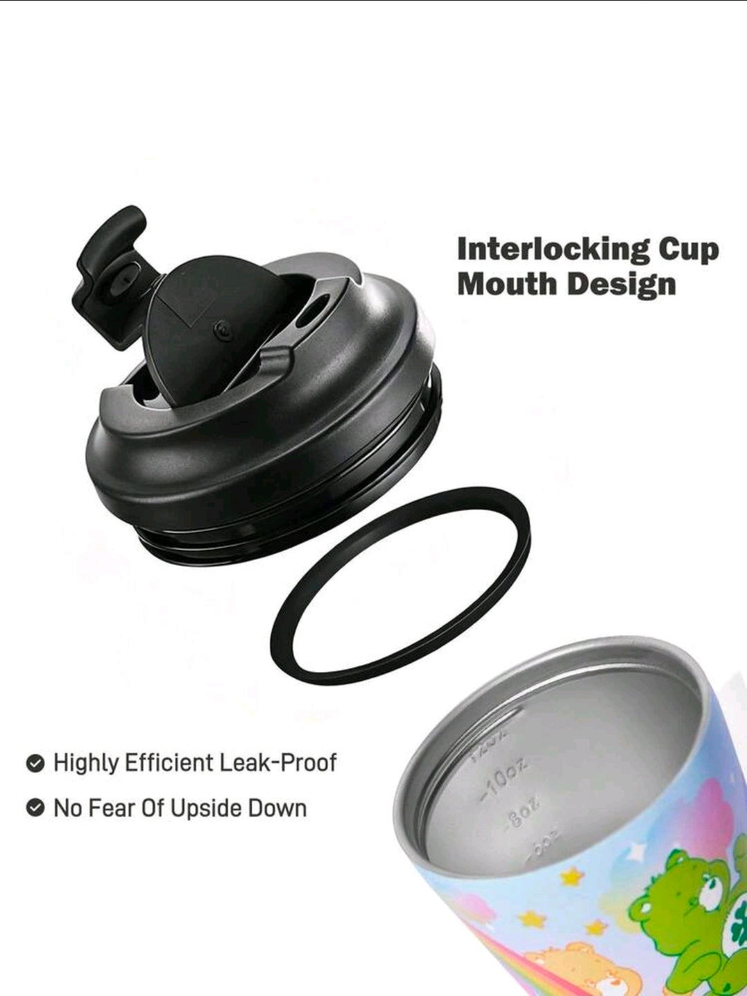 Care Bears rainbow insulated tumbler with black interlocking mouth lid and carry ring