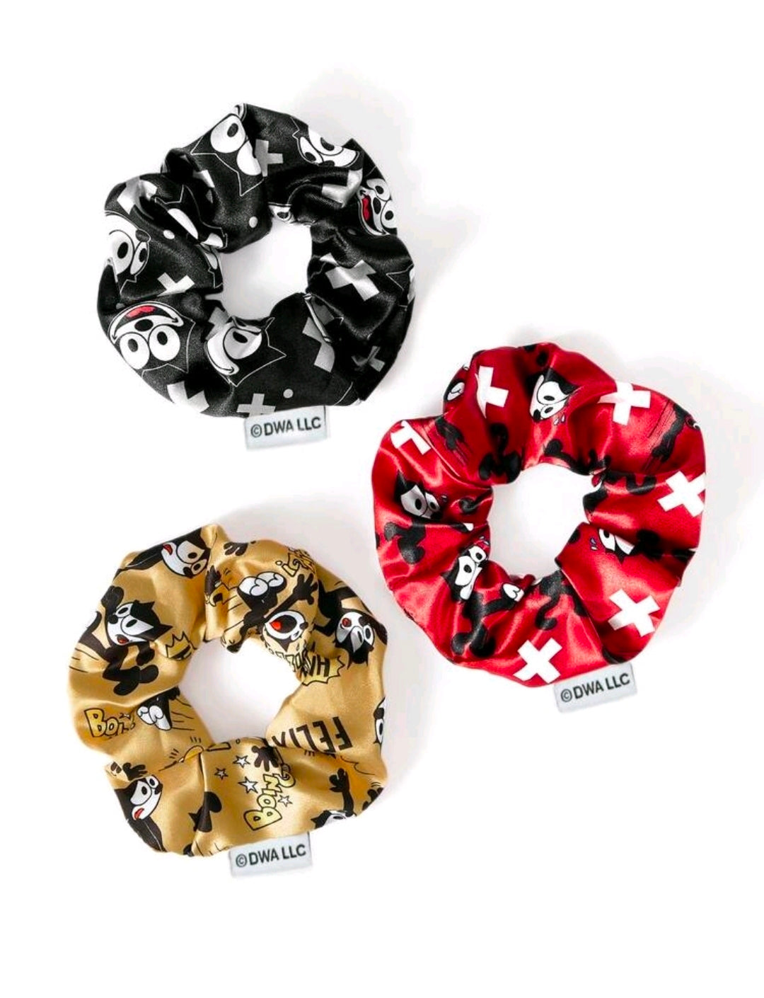 Felix the Cat Satin Scrunchies Set of 3 Red Black Gold Hair Ties Licensed NEW
