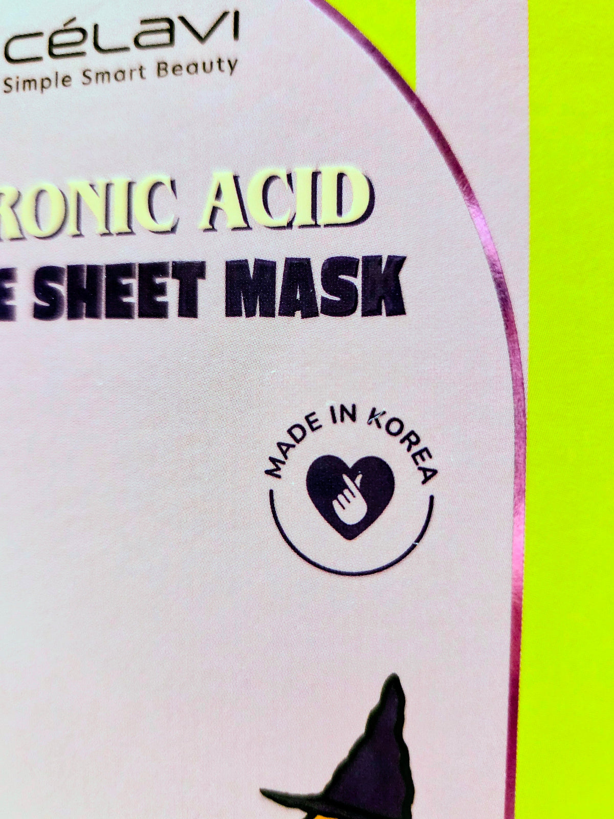 Made in Korea stamp on Peanuts x Celavi hydrating face sheet mask packaging