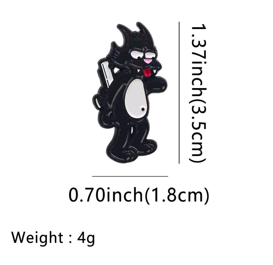 Black cartoon cat enamel pin with white belly and red tongue, small accessory
