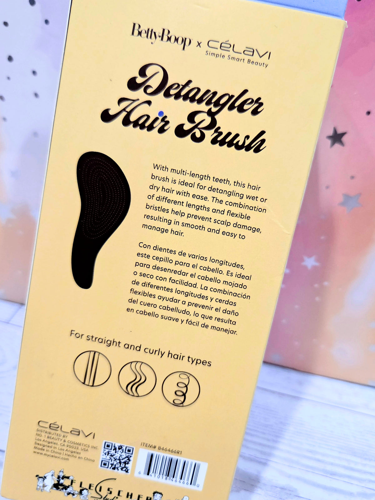 Celavi Betty Boop detangler hair brush packaging, back text and brush silhouette