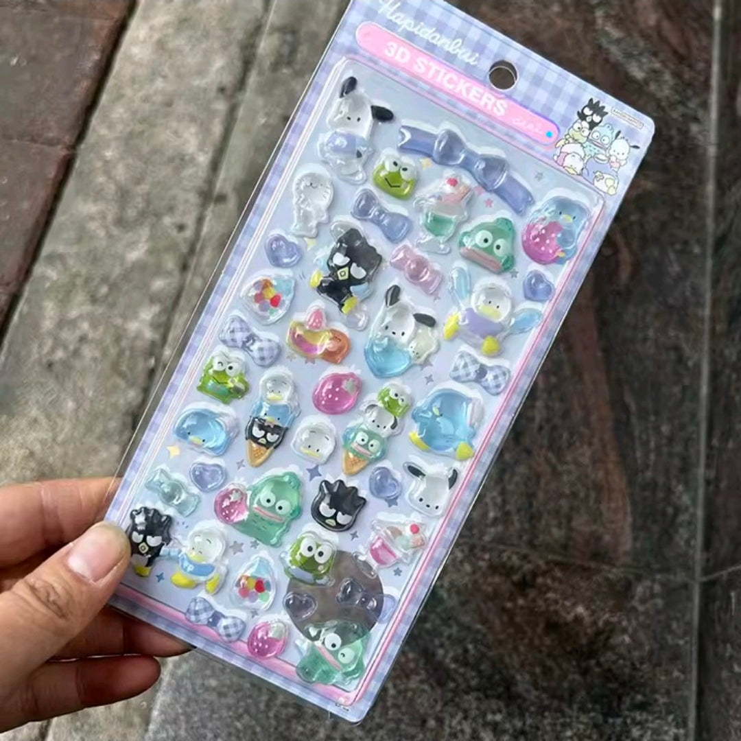 3D acrylic sticker set with white, green, and blue cute character charms on a card