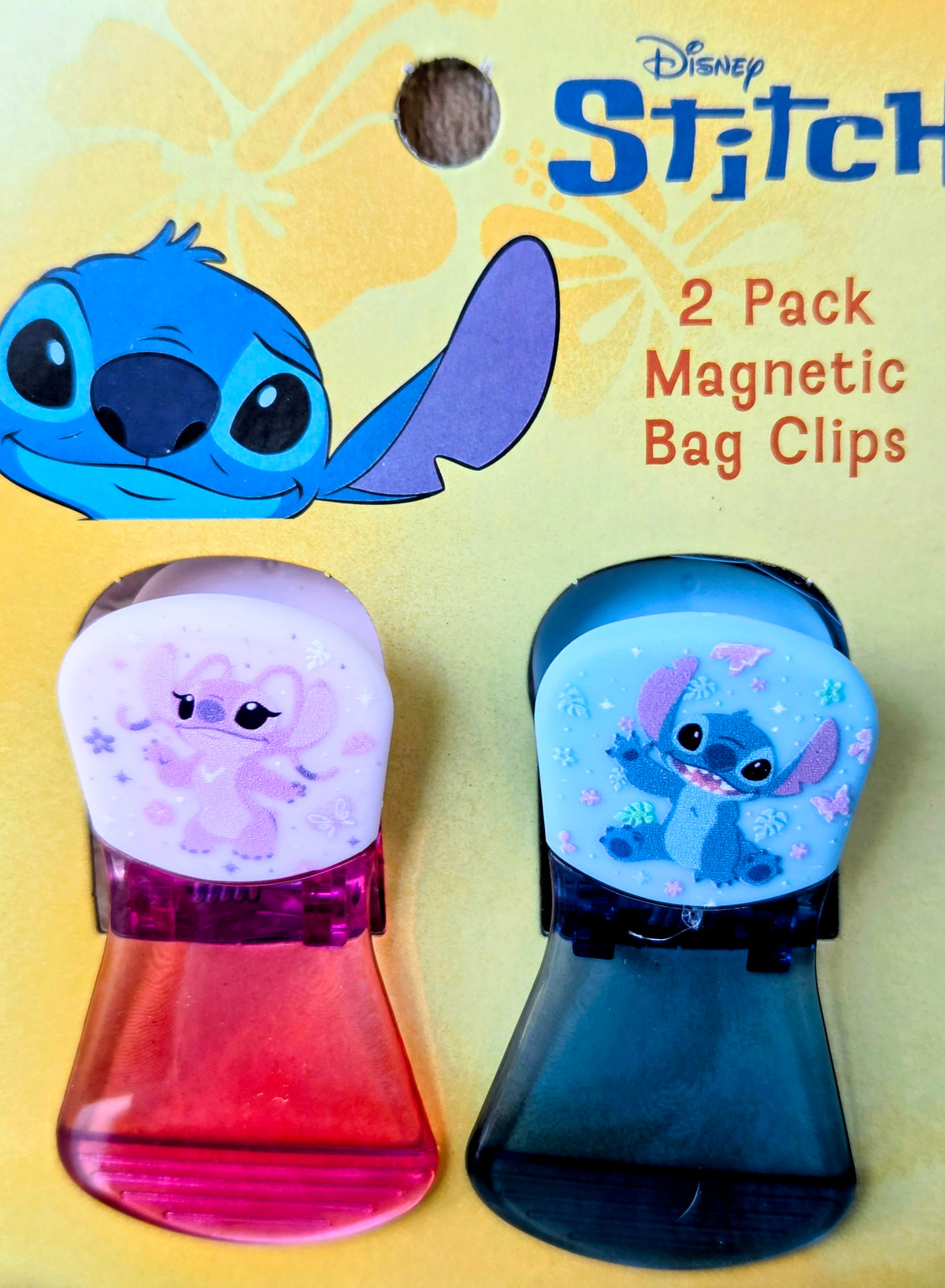 2-pack Stitch magnetic bag clips on card, pink and blue clip casings