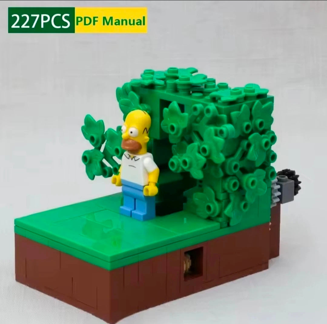 Homer-style minifigure on dark green foliage brick seat with brown base platform.