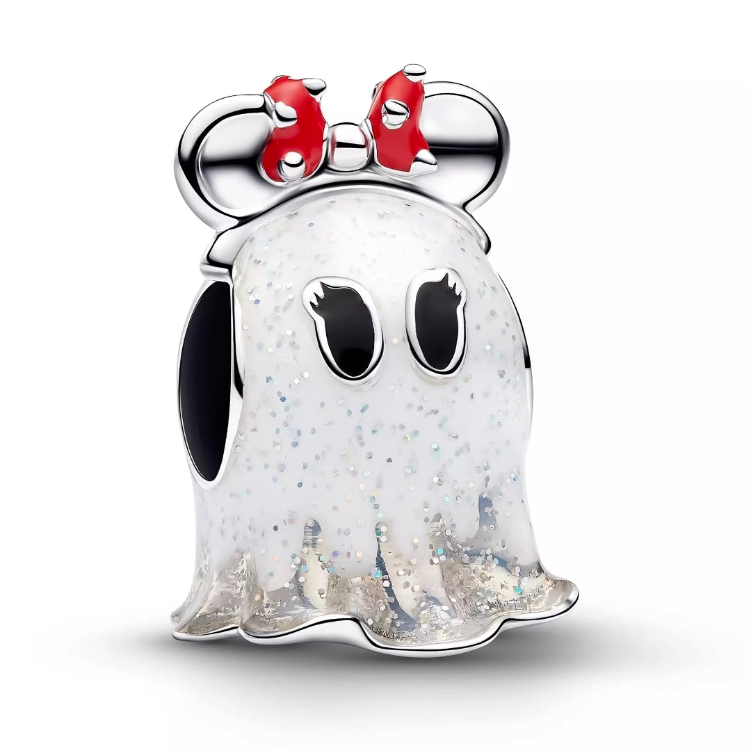 925 silver glow-in-dark Minnie Mouse ghost charm with red bows and black eyes