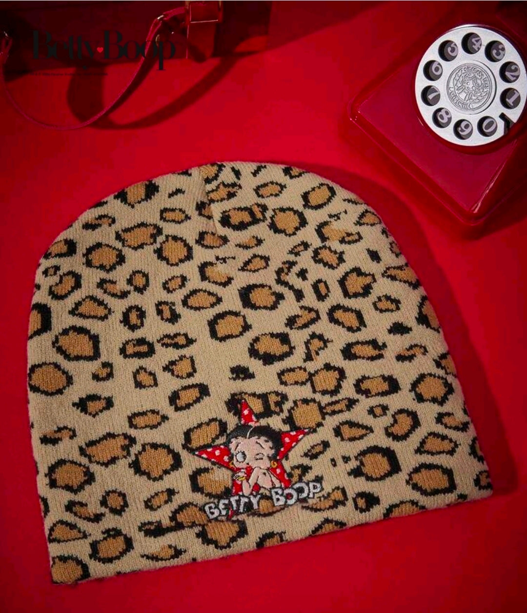 Betty Boop Leopard Print Slouchy Knit Beanie with Star Embroidery